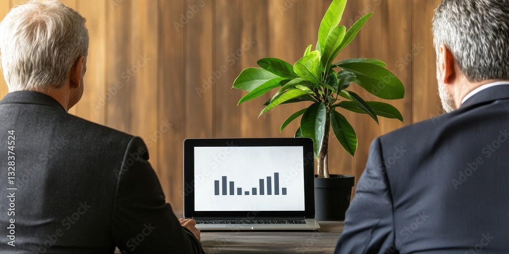 Poster two business professionals observe a laptop displaying graphs, with a potted plant in the background