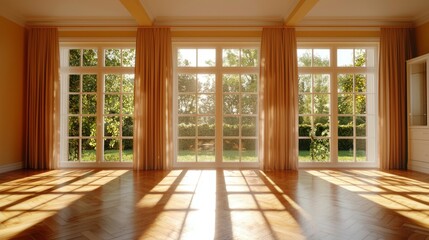 Fototapeta premium Sunlit room with large windows, hardwood floors, and sheer curtains offering a view of a lush garden