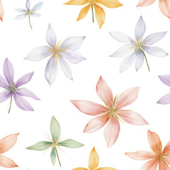 Fototapeta premium Pastel-colored glowing flowers on a background. Cute watercolor seamless pattern. Watercolor print in rustic vintage style, textile or wallpapers.