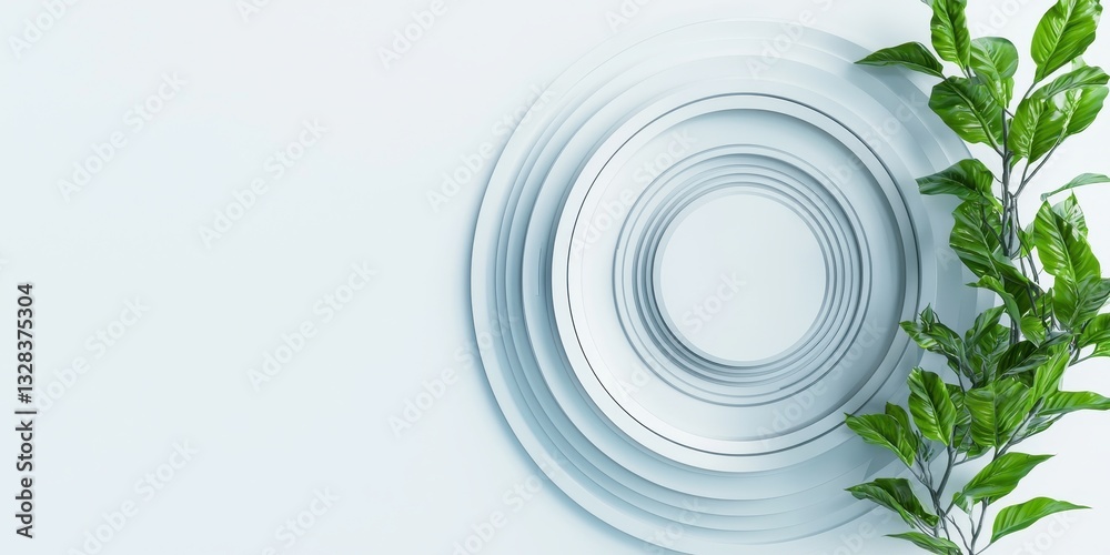 Poster A minimalist composition featuring layered circular plates and a green plant, emphasizing simplicity and elegance against a light background.