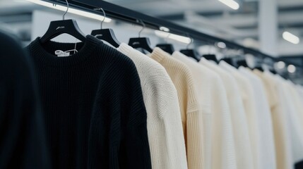 Obraz premium Soft knitwear sweaters in neutral colors hang neatly on a clothing rack