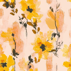 Abstract yellow floral watercolor pattern on a peach background, with brush strokes and flowers in various sizes. Watercolor print in rustic vintage style, textile or wallpapers.