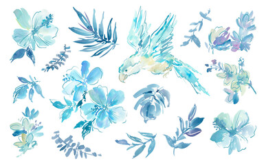 Watercolor PNG illustration set with abstract blue hibiscus flowers, monstera, tropical foliage, and a parrot. Hand-drawn clipart set of tropical flowers and birds with a transparent background. © Sawango