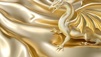 Fototapeta premium Golden dragon statue on silk fabric.