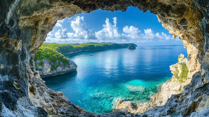 Beautiful Coastal View from Cave Opening with Clear Blue Waters