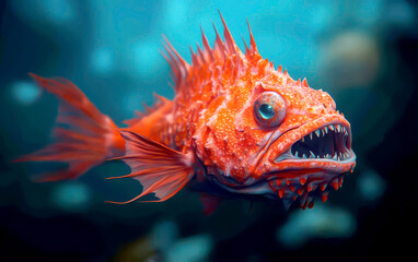 Fototapeta premium A vibrant red fish with spikes swimming in the ocean depths.