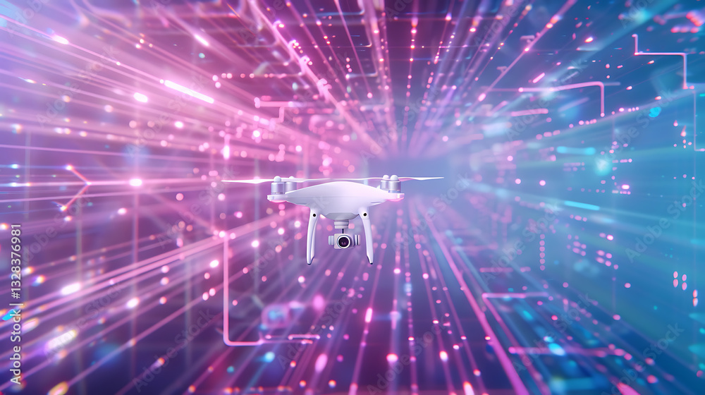 Fototapete Drone technology in action virtual environment digital animation futuristic viewpoint high-tech concept