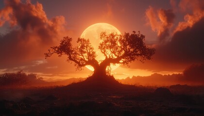 Obraz premium Silhouetted tree stands before a large, fiery orange moon during a dramatic sunset. Misty landscape