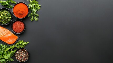 Freshly Prepared Ingredients Arranged Neatly on Dark Surface