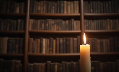 Candle glows in dim library