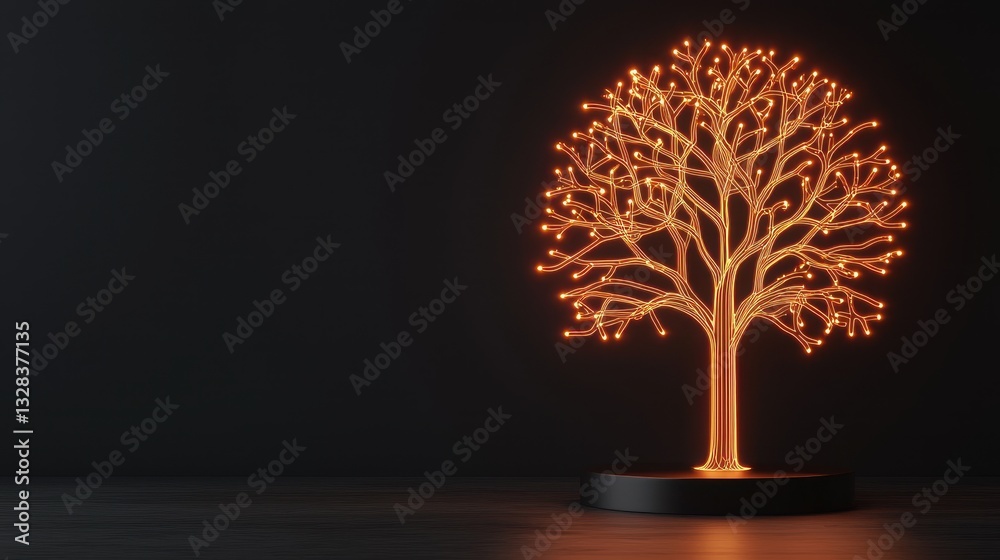 Poster a decorative illuminated tree sculpture with intricate branches and warm glowing lights against a da