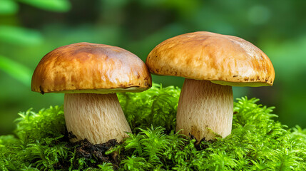 Two Brown Mushrooms Growing on Green Moss in a Forest Environment