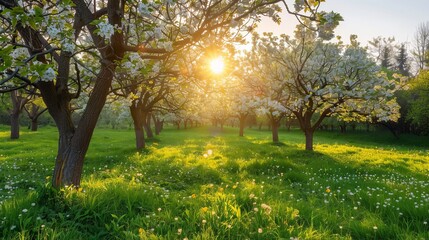 Fototapeta premium Vibrant spring orchard in full bloom with delicate pink and white blossoms under warm sunlight