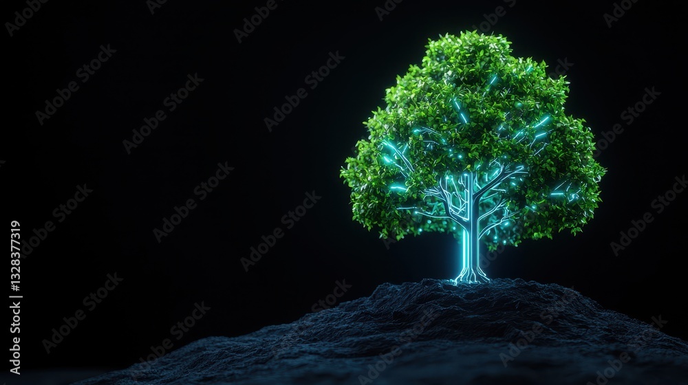 Poster a glowing, digital tree stands on a mound, illuminated against a dark background, symbolizing nature
