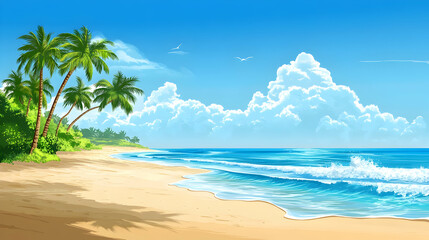 Fototapeta premium Tropical Beach Scene with Palm Trees and Scenic Ocean View