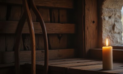 Lit candle in rustic setting