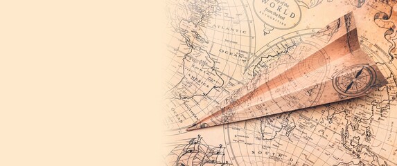 Paper airplane on vintage world map. Banner for design