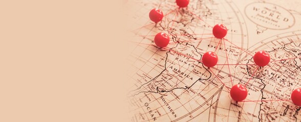 Vintage world map with marked points. Banner for design