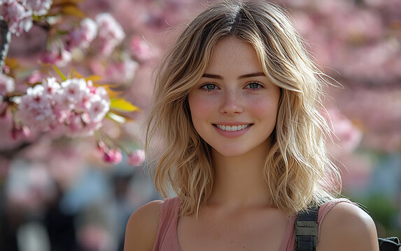 Vibrant Travel Portrait of Sarah Johnson Amidst Japanese Cherry Blossoms  