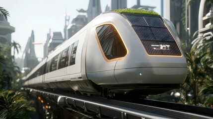 Fototapeta premium A futuristic train with a sleek design travels through a lush, green urban environment, blending technology with nature.