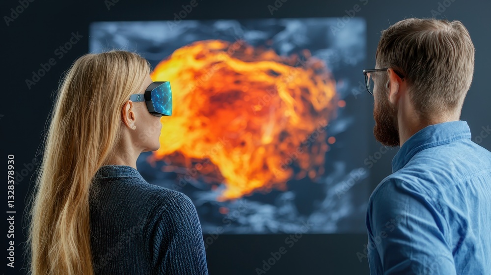 Poster two individuals observe a vibrant, fiery display on a screen, with one wearing virtual reality goggl