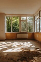 Sunlit empty room, showing damage to walls and floor.  Renovation needed