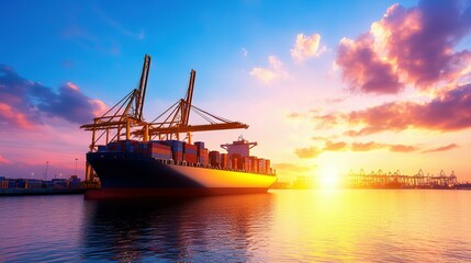 Fototapeta premium A large cargo ship docked in the harbor at sunset