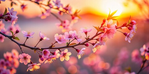 Fototapeta premium Silhouette of Delicate Pink Blossoms on a Branch at Sunset