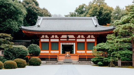 Fototapeta premium Serene temple, orange wood, grey roof, lush green courtyard