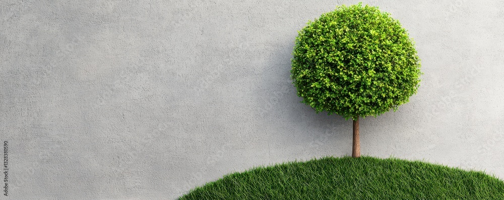 Poster a minimalistic image featuring a small green tree atop a grassy hill against a textured gray wall.