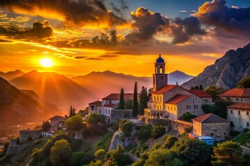 Fototapeta premium Silhouette of Korita Village, Montenegro Mountain Sunset