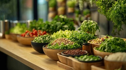 Explore artisan-style salad bar featuring fresh greens nuts and seeds in a modern setting