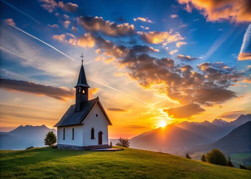Silhouette of Kapelle Maria zum Trost, Schaan, Liechtenstein at Sunset