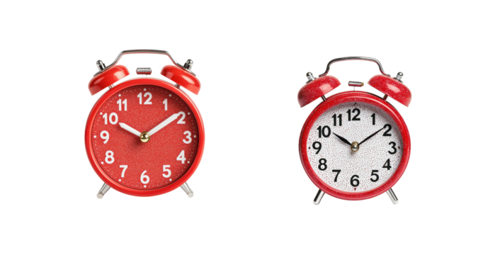Two retro-style red alarm clocks displaying different times, showcasing their distinct designs and color.