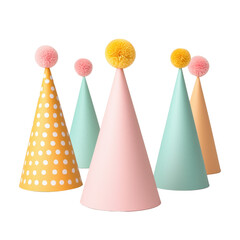 Colorful party hats in various pastel shades, featuring playful pom-poms atop each cone, create a festive atmosphere.