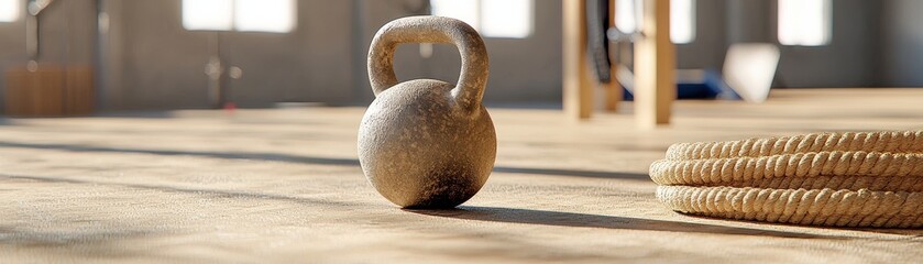 Fototapeta premium A kettlebell rests on the floor beside a coiled rope, ready for workout sessions.
