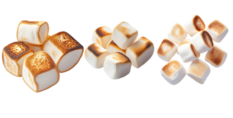 An arrangement of toasted marshmallows, showcasing varying degrees of caramelization and texture.