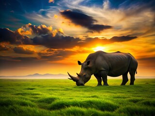 Obraz premium Silhouette of Rhinoceros Grazing on Lush Green Meadow at Sunset