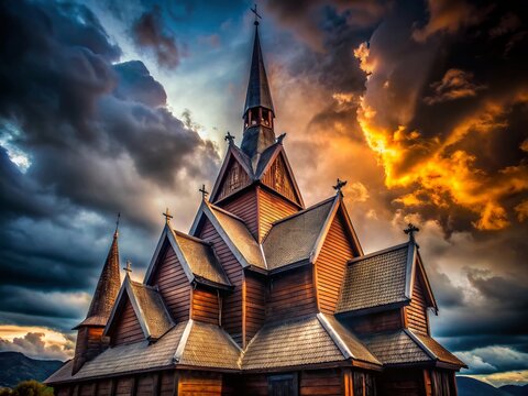 Silhouette of Ringebu Stave Church against Dramatic Cloudy Sky - Norway