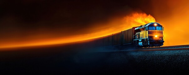 A powerful freight train races through a dramatic sunset landscape.