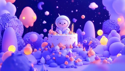 Cute astronaut celebrates birthday on whimsical, pastel cake amidst vibrant, surreal landscape