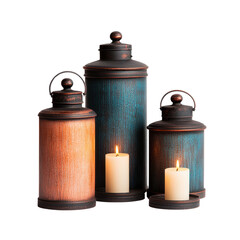 Three decorative lanterns in varying heights, featuring colorful textures and candles, creating a warm and inviting atmosphere.