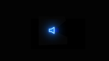 Neon glowing blue audio speaker volume on line art icons for apps and websites.