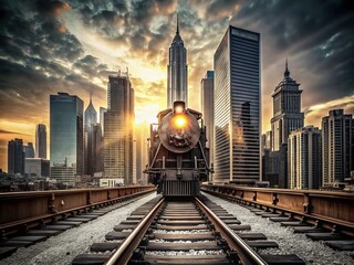 Fototapeta premium Silhouette of Vintage Steam Locomotive in Urban Setting - Black and White Stock Photo