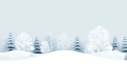 Fototapeta premium Snowy landscape with frosted trees and rolling hills. Peaceful winter scene