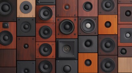 Obraz premium A stunning array of vintage wooden speakers arranged in a stylish grid pattern.