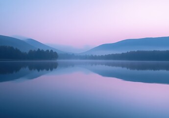 Fototapeta premium Serene Dawn Over Calm Lake Surrounded by Misty Mountains and Gentle Ripples Reflecting Soft Pastel Colors of Twilight Sky and Peaceful Nature Scene