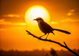 Silhouette of Yellow-Eyed Babbler Bird at Sunset, Wildlife Photography