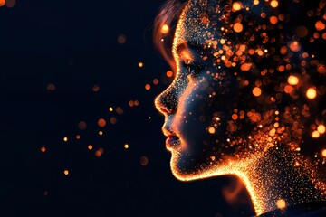 Glowing embers illuminate a child's profile, creating a magical, ethereal portrait