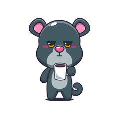 Panther cartoon vector illustration is tired and sleepy holding coffee